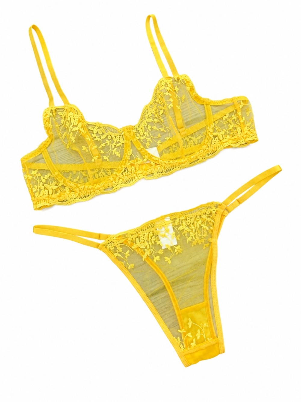 Stunning Yellow Lace Lingerie Set - Sheer Embroidered Bra & Thong matching set
